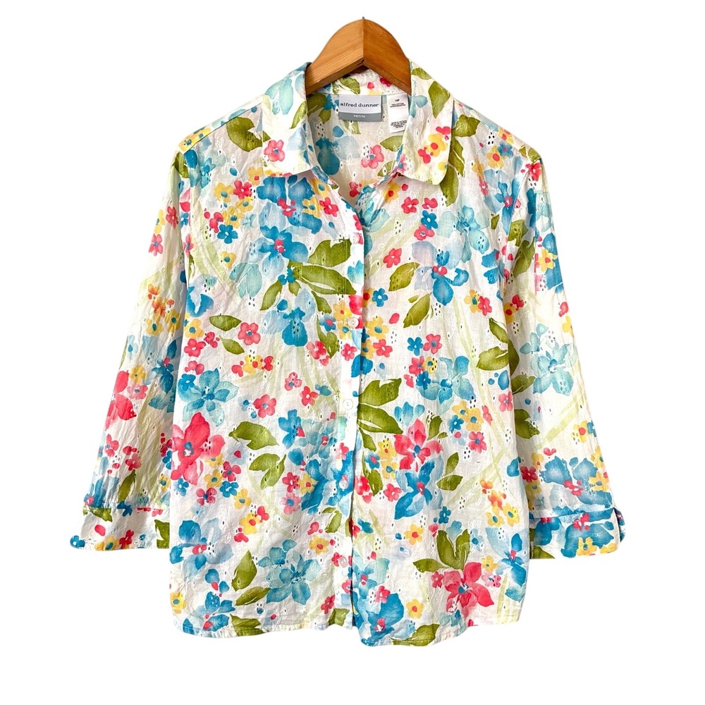 Alfred Dunner Petite 16P Floral Eyelet Cotton Button Down Shirt 3/4 Sleeve Multi